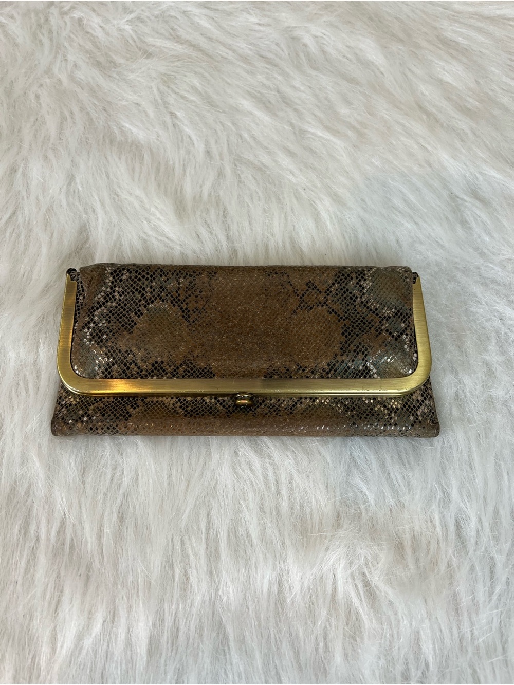 Hobo Rachel Snake-Texture Fold-Over Clutch Wallet in Brown with Gold Trim